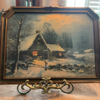 Farmhouse in the snow framed print