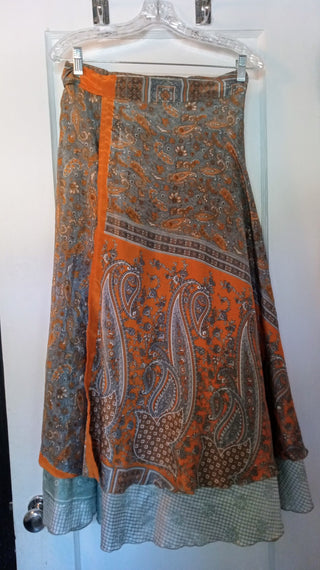 MW Orange & Gray Silk Reversible Wrap Skirt MTS|90626