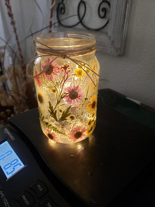 Mason jar fairy lights, pink, yellow flowers|100565