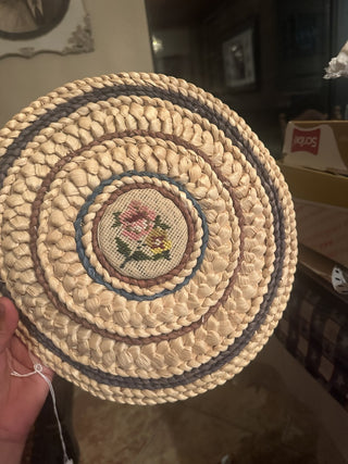Vintage Large 12" Wicker Rattan handwoven embroidered trivet #63 VV MTS|103411