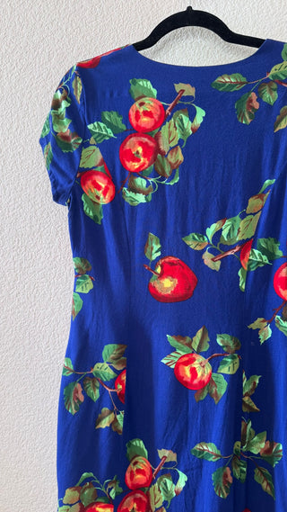 90s apple print dress blue button front MTS|119704