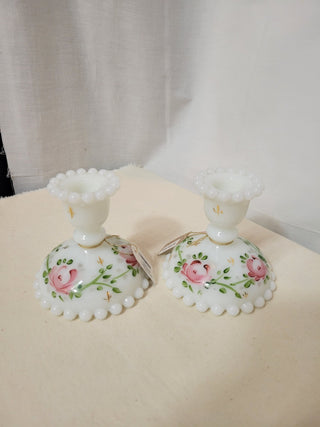 Consolidated Milk Glass Painted Candle Holder Pair RCD|81913