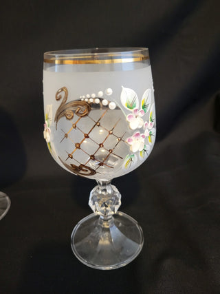 5 Bohemian Wine Goblets Clear w/Frost & Flowers Gold Trim RCD|96289