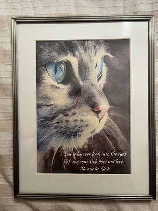 LOVELY WATERCOLOR CAT ART IN SILVER DREXEL HERITAGE FRAME 9 X 7|49890