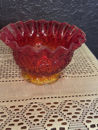 Vintage LE Smith Hexagon Daisy & Button Amberina Glass Candy Dish -RCD|84944