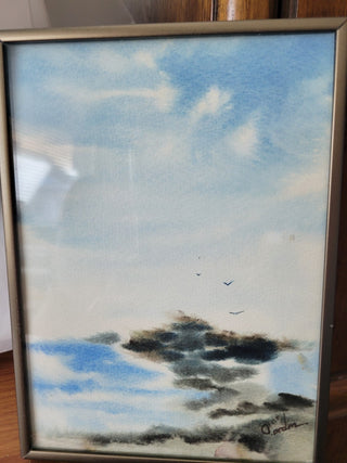 5x7" Framed Original Signed Watercolor Clouds & Birds|111789