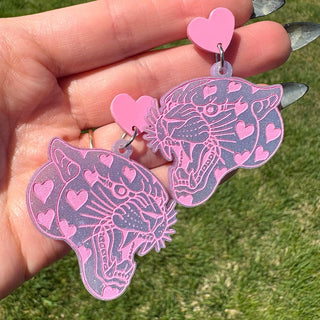 Purple Glitter Heart Panther Head Earrings MTS|60464