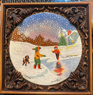 Mignolla 1977 Enamel on Copper Plate "Scene from Childhood" in wood box frame|62640