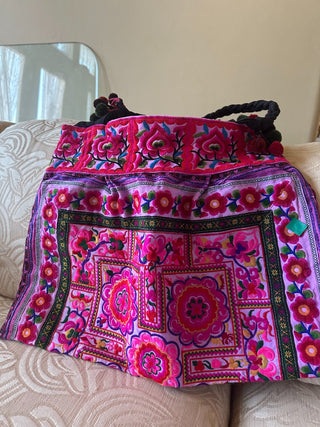Handmade Tote - multi colored/embroidered, pom pom handles 22"x15" RCD|84478