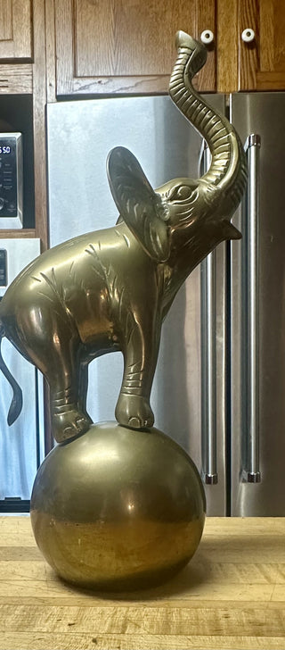 Vintage Brass Elephant on Ball Figurine Statue 18” Trunk Up - RSV|77489