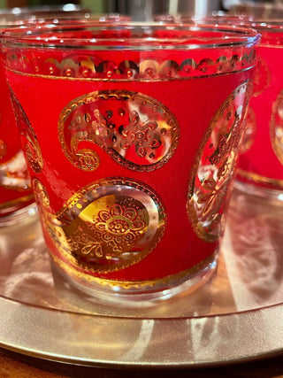 VNTG MCM Culver Red/Gold Paisley Glasses (set 5)~MTS|113748