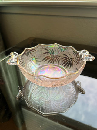 Pink iridescent etched  carnival glass bowl|61286