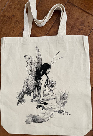 LARGE HEAVY CANVAS FAIRY TOTE BAG BLACK & WHITE 16 X 15 NEW (KJSF) RCD|71892