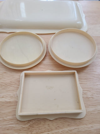 7 1940s Yellow Bakelite pieces: 1 tray, 1 nail buffing set, 3 lids, 1 ring box bottom|58140