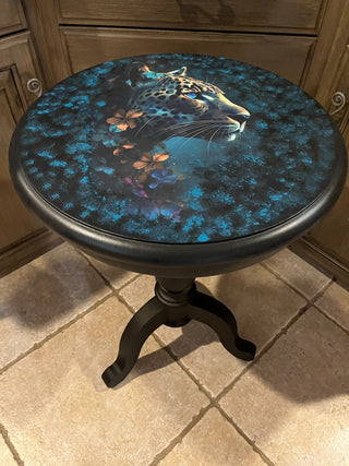 Leopard w/Blue Eyes Black Side Table Custom Designed RSV|104720