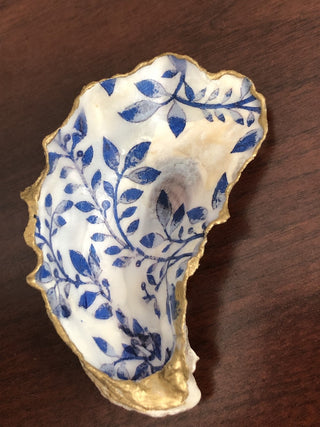 White Blue Leaves Oyster Trinket Dish 3.5in RSV B22|96761