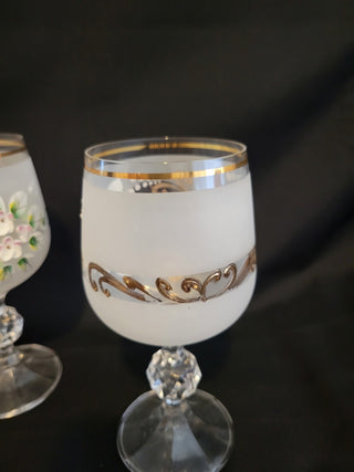 5 Bohemian Wine Goblets Clear w/Frost & Flowers Gold Trim RCD|96290