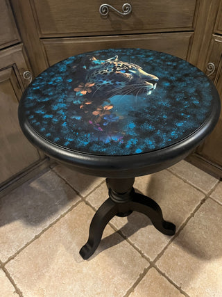 Leopard w/Blue Eyes Black Side Table Custom Designed RSV|104719