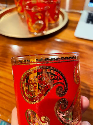 VNTG MCM Culver Red/Gold Paisley Glasses (set 5)~MTS|113749