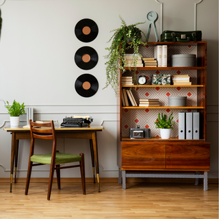Midcentury table and book shelf