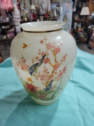 Vintage 9-1/2" Bristol Glass Vase Birds & Flowers RCD|82236