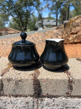 JP Vintage Noritake Folkstone Sugar and Creamer Set Black Stoneware Japan