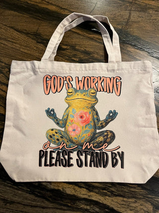 "God's Working On Me, Please Stand By" Large Zippered Canvas Bag or Tote RSV