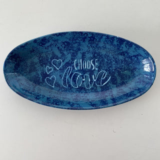 Handmade blue ceramic oval dish, Choose Love RSV