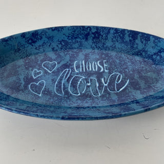 Handmade blue ceramic oval dish, Choose Love RSV