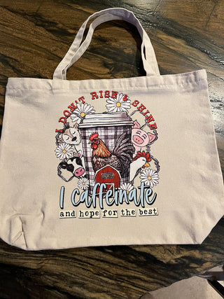 "I Don't Rise And Shine, I Caffeinate" Large Zippered Canvas Bag or Tote RSV