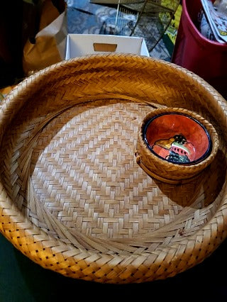 Large vintage woven basket with dip bowl