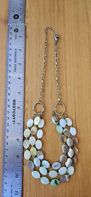 Green & gold 3 strand necklace, glass beads, 10.5" drop, RSV
