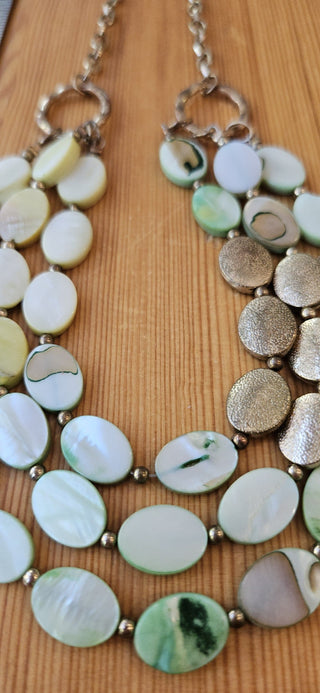 Green & gold 3 strand necklace, glass beads, 10.5" drop, RSV