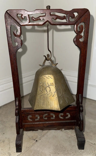 Vintage Asian Brass Bell Gong Hand Carved Wooden Stand Approx. from 1890-1910 #63 VV MTS|108562