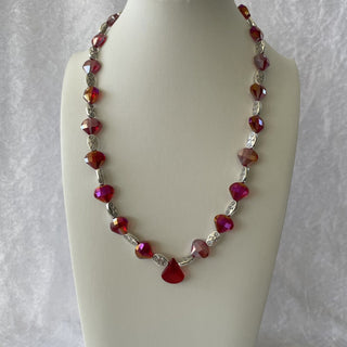 beaded necklace, red and silver tone RSV