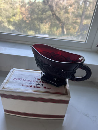 Vintage Avon 1876 Ruby Red Cape Cod Collection Footed Gravy Sauce Boat-RSV