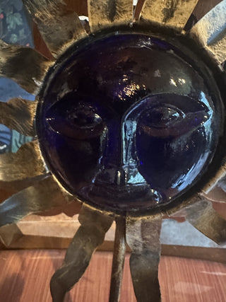 Natural Wonders Cobalt Blue Glass Metal Sun Face 13" Candle Holder#62 VV MTS|95505