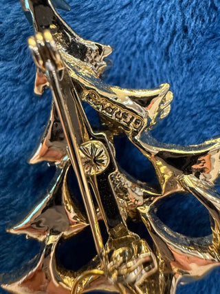 Vintage Christmas Tree Brooch Signed Gerrys Pin GoldTone Red Balls Pearl|139048