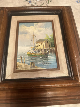 Vintage Wooden Framed 14" X 12" Canvas Painting With Fishing Boats Scene insert is 5" X 7" #47 VV MTS