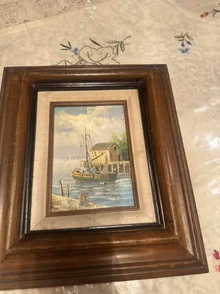 Vintage Wooden Framed 14" X 12" Canvas Painting With Fishing Boats Scene insert is 5" X 7" #47 VV MTS