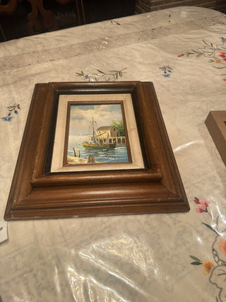 Vintage Wooden Framed 14" X 12" Canvas Painting With Fishing Boats Scene insert is 5" X 7" #47 VV MTS