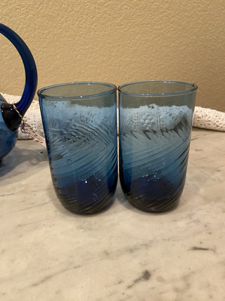 Cobalt blue art swirled glass pitcher and 2 glasses RCD|118426