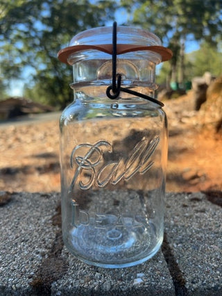 7.5” vintage clear glass Ball Ideal Mason Jar featuring a 1908 patent date