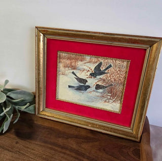 Vtg Oil Painting of Birds in Gold Frame -RSV