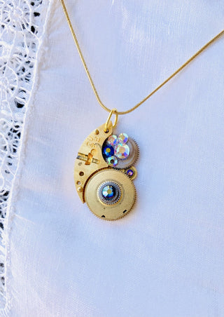 Steampunk Necklace with White/Black Aurora Borealis Crystals RSV