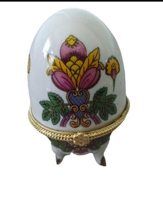#62 VV Vintage 4" Porcelain egg floral Hinged footed gold Trim Trinket box Faberge Style MTS|59220