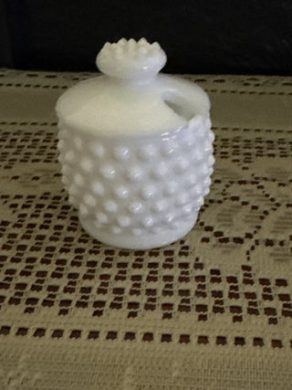 Vintage Fenton Milk Glass Hobnail Mustard jar with lid - RCD