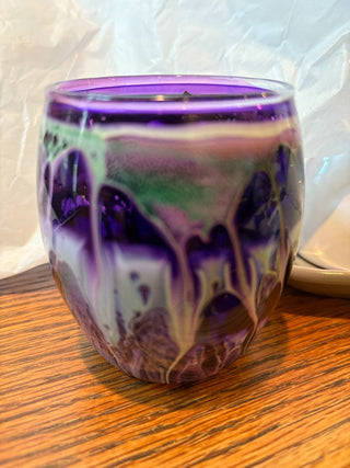 Hand Painted Fluid Art Glass vase/tealight holder purple/teal 3" RCD