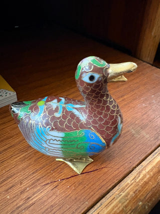 Vtg. Chinese Cloisonné Duck figurine, brown/blue/green 2.5"x2.5"