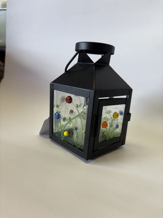 Black Lantern with Fused Glass Wildflower Panels 3.5" Square, 5.5" Tall - AnoGLass|97323